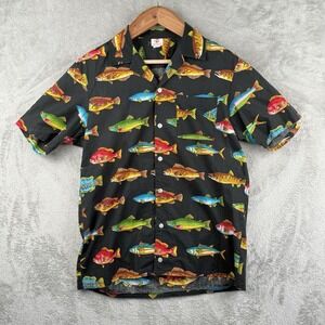 Vrg Scorpio Hawaiian Shirt Mens M Fish All Over Print Black Button Up‎ USA Made